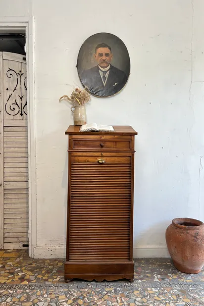 Meuble De Rangement Administratif à Rideau En Lames - XXème - Bois Massif - Occasion
